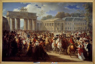 Entrada de Napoleón I en Berlín, conduciendo a su guardia a través de la Puerta de Brandemburgo (1806) de Charles Meynier