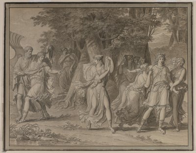 Telémaco, instada por la mentora, saliendo de la isla de Calypso de Charles Meynier