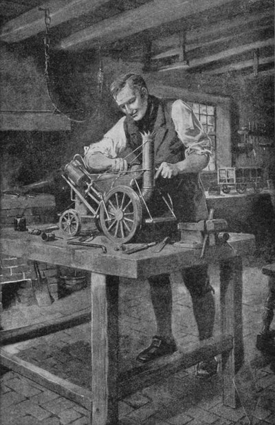 George Stephenson trabajando en un modelo de su Rocket, la locomotora que hizo posible el ferrocarril de Charles Mills (after) Sheldon