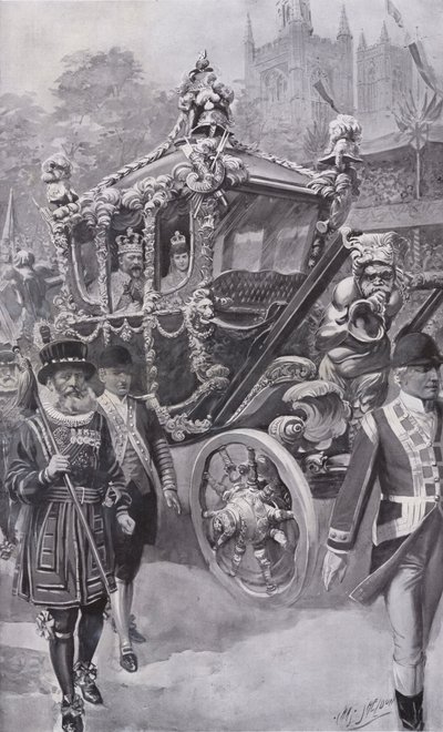 El rey Eduardo VII y la reina Alejandra en el coche estatal regresando de su coronación en la Abadía de Westminster, Londres de Charles Mills (after) Sheldon