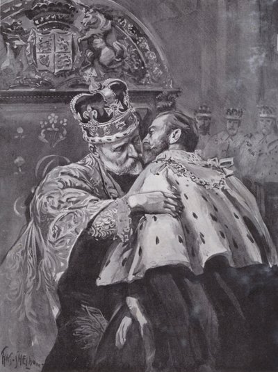 El rey Eduardo VII abrazando a su hijo, el Príncipe de Gales, en la coronación del rey, Abadía de Westminster, Londres de Charles Mills (after) Sheldon