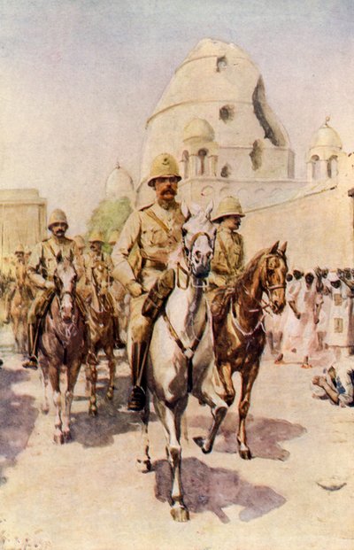 Lord Kitchener entrando en Omdurman después de la batalla (litografía en color) de Charles Mills (after) Sheldon