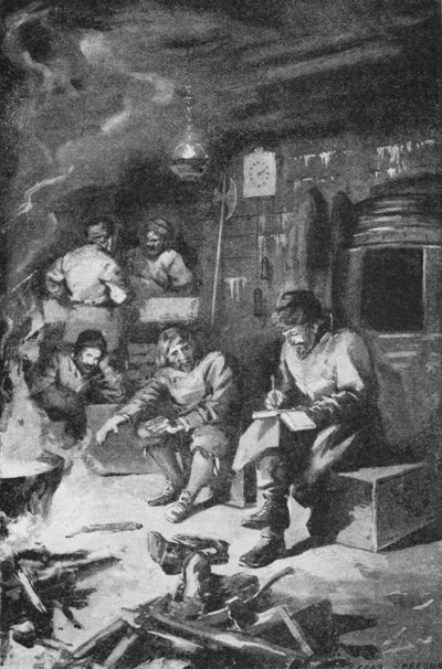 William Barents escribiendo su diario mientras pasa el invierno en una cabaña en Nova Zembla de Charles Mills (after) Sheldon