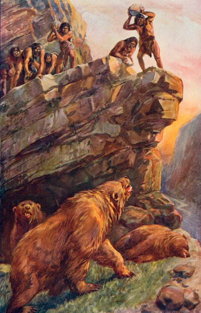 Hombres prehistóricos atacando a los grandes osos de las cavernas de Charles Mills Sheldon