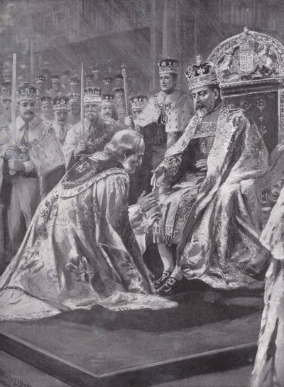 Homenaje del Arzobispo de Canterbury en la coronación del Rey Eduardo VII, Abadía de Westminster, Londres, 1902 de Charles Mills after Sheldon
