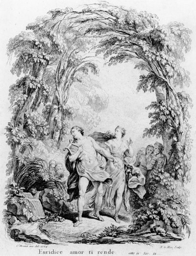 Orfeo guiando a Eurídice fuera del infierno, ilustración para la ópera 