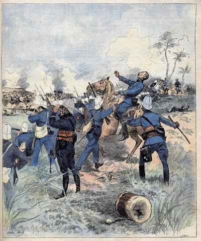 El comandante Faurax murió en la batalla de Dogba el 19 de septiembre de 1892 en Dahomey (ahora Benín) después de la acuarela de Morel de 1892 de Charles Morel