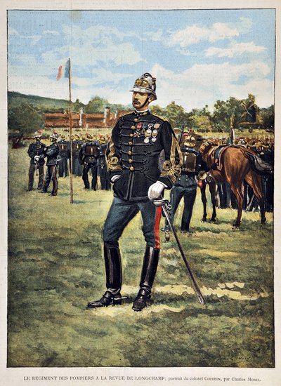 El Regimiento de Bomberos tiene la revista Longchamps (Retrato del Coronel Couston), ilustración de Charles Morel (1861-1908). Grabado de 1887 en “Paris-Illustrous journal weekly” de Charles Morel