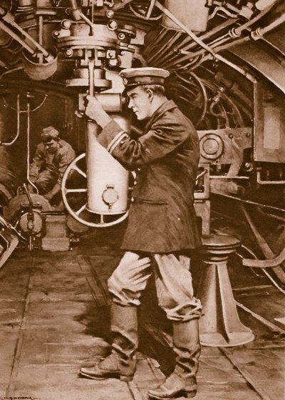 Oficial de submarino británico examinando el periscopio con la esperanza de encontrar un objetivo enemigo. de Charles Murray Padday