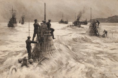 Nuevos submarinos británicos saliendo de Milford Haven (Inglaterra), para entrar en acción. Dibujo y aguada (30,4x45,5 cm) de Charles M. Padday () , principios del siglo XX. de Charles Murray Padday