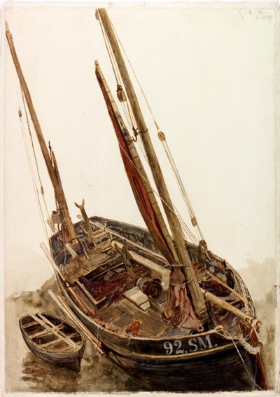 Estudio de un barco de pesca y un bote de Charles Napier Hemy