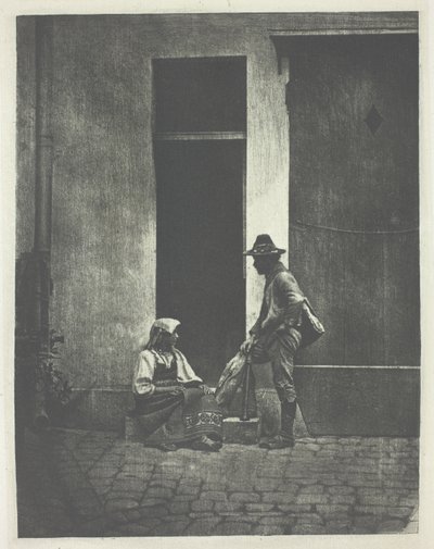 Pifferaro de pie y campesina italiana sentada, en el patio del 21 Quai Bourbon de Charles Nègre