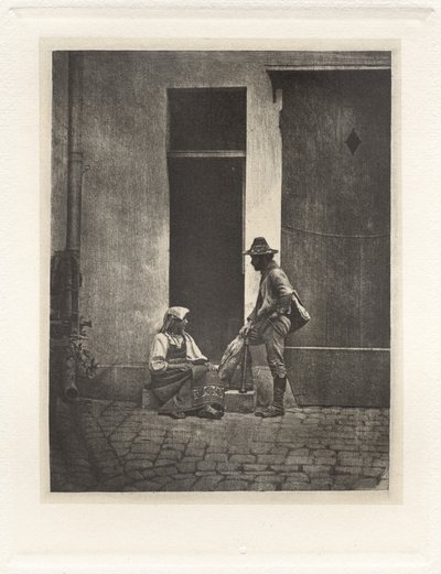 Planche IV - Pifferaro Debout et Paysanne Italienne Assise, dans la Cour du 21 Quai Bourbon (Plancha IV - Pifferaro de pie y campesino italiano sentado, en la Corte del 21 Quai Bourbon),1854, impreso en 1982 (foto) de Charles Nègre