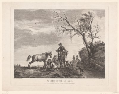 Viajeros durante una parada Accidente de viaje. (título en el objeto) de Charles Nicolas Cochin (II)