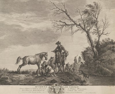 Un accidente mientras viajaba, un hombre arrodillado arreglando una silla rota, un caballo orinando, 1740-50 de Charles Nicolas Cochin