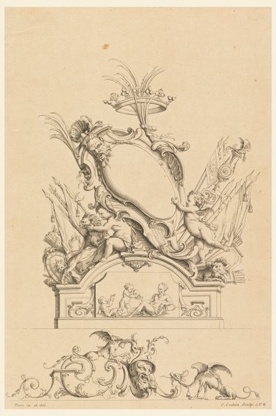 Diseño para cartucho con corona, dos putti sirviendo a Baco y dos leones de "Cartouches Nouvellement Inventez" de Charles Nicolas Cochin the younger