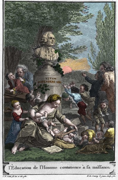 La educación humana comienza al nacer. Frontispicio (1782) de "L