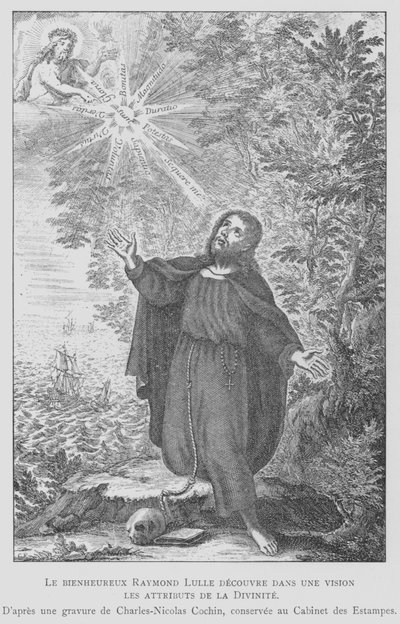El filósofo español Ramón Llull descubriendo los atributos de la divinidad en una visión de Charles Nicolas II (after) Cochin