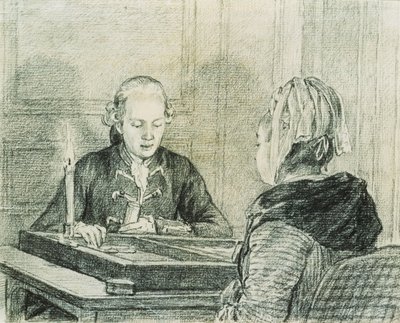 Una pareja sentada, la dama vista desde atrás, jugando al backgammon a la luz de las velas de Charles Nicolas II Cochin