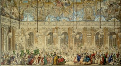 Baile de máscaras o baile de los Ifs dado para la boda de Luis Delfín de Francia (1729-1765) con María Teresa de España en la Galería de los Espejos en Versalles en febrero de 1745 de Charles Nicolas II Cochin