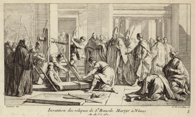 Descubrimiento de las reliquias de San Baudilio, martirizado en Nimes en 250 (grabado) de Charles Nicolas II Cochin
