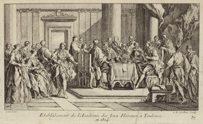 Establecimiento de la Academia de los Juegos Florales, la sociedad literaria más antigua del mundo occidental, Toulouse, Francia de Charles Nicolas II Cochin