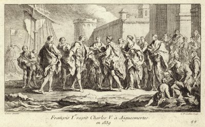 El Rey Francisco I de Francia recibiendo al Emperador Carlos V en Aigues-Mortes de Charles Nicolas II Cochin