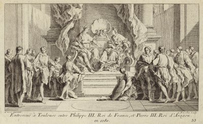 Encuentro en Toulouse entre el rey Felipe III de Francia y el rey Pedro III de Aragón de Charles Nicolas II Cochin