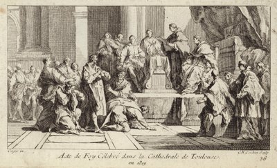 Cátaros arrepentidos declarando su fe en la religión católica en la Catedral de Toulouse, Francia de Charles Nicolas II Cochin