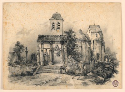 Tres figuras frente a una iglesia de Charles Nicolas Ransonnette