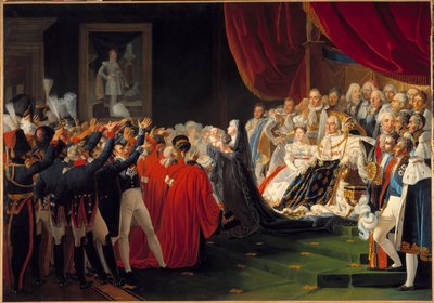 La Duquesa de Berry presenta a su hijo el Duque de Burdeos al pueblo y al ejército: Marie Caroline de Borbón Sicilia, Duquesa de Berry, presenta a su hijo el Duque de Burdeos al pueblo y al ejército en presencia del Rey Luis XVIII de Charles Nicolas Raphael Lafond