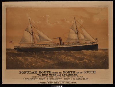 Ruta popular entre el Norte y el Sur vía Nueva York y Savannah, Ocean Steamship Company of Savannah... Ciudad de Augusta... (litografía, coloreada) de Charles Parsons