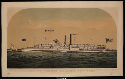 El barco de vapor de baja presión New World. Circulando por el río Hudson, entre Nueva York y Albany (litografía, coloreada) de Charles Parsons