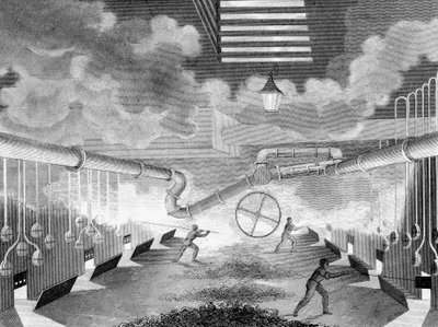 Vista general de una fábrica de gas, mostrando retortas siendo cargadas, 1835 de Charles Partington