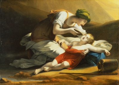 Agar dando a Ismael agua del pozo milagroso del desierto (óleo sobre lienzo) de Charles Paul Landon