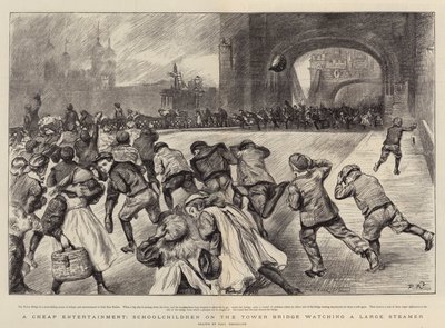 Un Entretenimiento Barato, Escolares en el Puente de la Torre viendo un Gran Vapor de Charles Paul Renouard