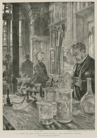 Una visita a la Real Casa de la Moneda; probando el metal precioso (grabado) de Charles Paul Renouard