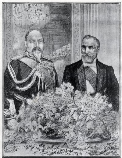 Cordial: la visita del presidente francés Émile Loubet a Londres - el banquete en la embajada francesa - el Rey Eduardo VII y Loubet - dibujado por Paul Renouard para el periódico The Graphic. Julio de 1903. de Charles Paul Renouard