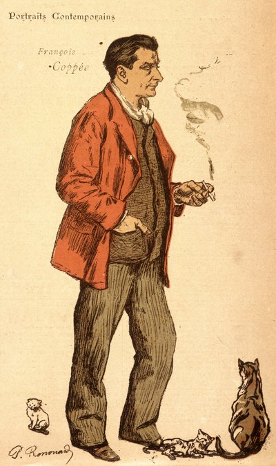 François Coppée fumando un cigarrillo y con gatos de Charles Paul Renouard