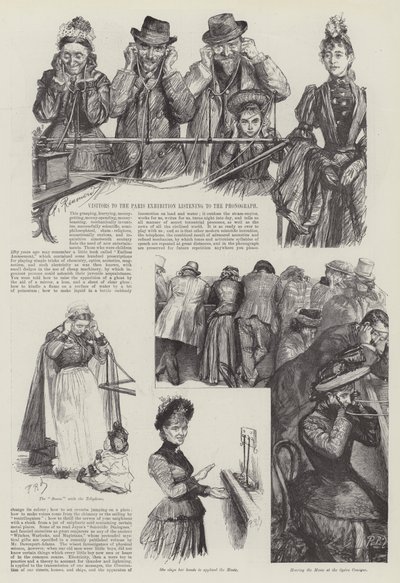 Visitantes de la Exposición de París escuchando el fonógrafo de Charles Paul Renouard
