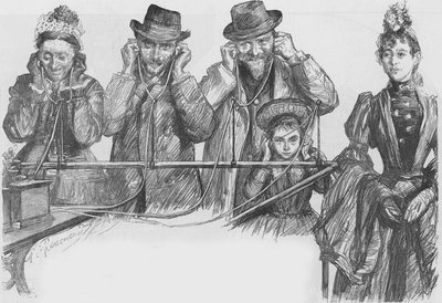 Visitantes a la Exposición de París escuchando el fonógrafo de Charles Paul Renouard