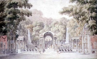 Diseño para un escenario con un templo de Venus en un jardín boscoso para 