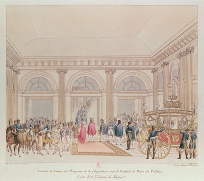 El descenso del Emperador y la Emperatriz del carruaje bajo el vestíbulo del Palacio de las Tullerías el día de su matrimonio (grabado en color) de Charles Percier