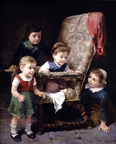 Niños jugando alrededor de una silla de Charles Petit