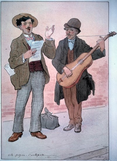 Pequeños métiers de París: cantantes callejeros. Dibujo de Charles Pezeu dit Carlopez (siglo XX) de Charles Pezeu Carlopez