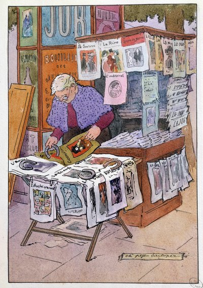 Pequeños comercios de París: el quiosco tiene periódicos. Dibujo de Charles Pezeu dit Carlopez (siglo XX) de Charles Pezeu Carlopez