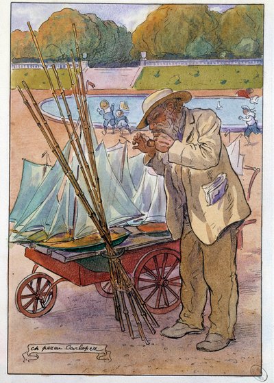El comerciante de barcos en el Jardín de las Tullerías en 1909 Dibujo de Charles Pezeu dit Carlopez (siglo XX) de Charles Pezeu Carlopez
