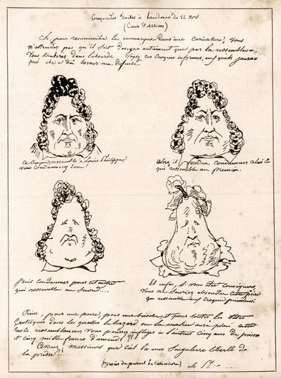Croquades hechas en la audiencia del 14 de noviembre - caricatura de Luis Felipe en forma de pera por Charles Philipon (1800-1862) - 1832 - (Luis Felipe convirtiéndose gradualmente en una pera) de Charles Philipon