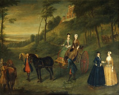 Damas y doncellas de honor en el Parque de Greenwich: Un retrato grupal de Juliana, duquesa de Leeds, Lady Charlotte Hamilton, Lady Isabella Tufton y Henrietta, condesa de Pomfret, todas vestidas con trajes de montar, con mozo de cuadra y caballos frente a de Charles Phillips