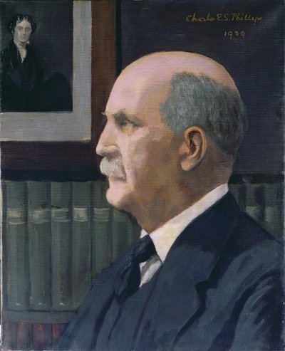 William Henry Bragg (1862-1942) con una imagen de Michael Faraday (1791-1867) en el fondo, 1939 de Charles Phillips